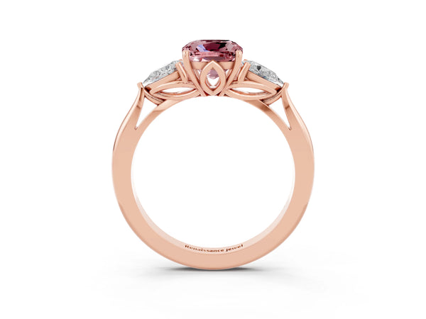 Rose gold Three-Stone Cushion Cut Cut Diamond Ring with Pear Side Stones in Four-Prong Setting