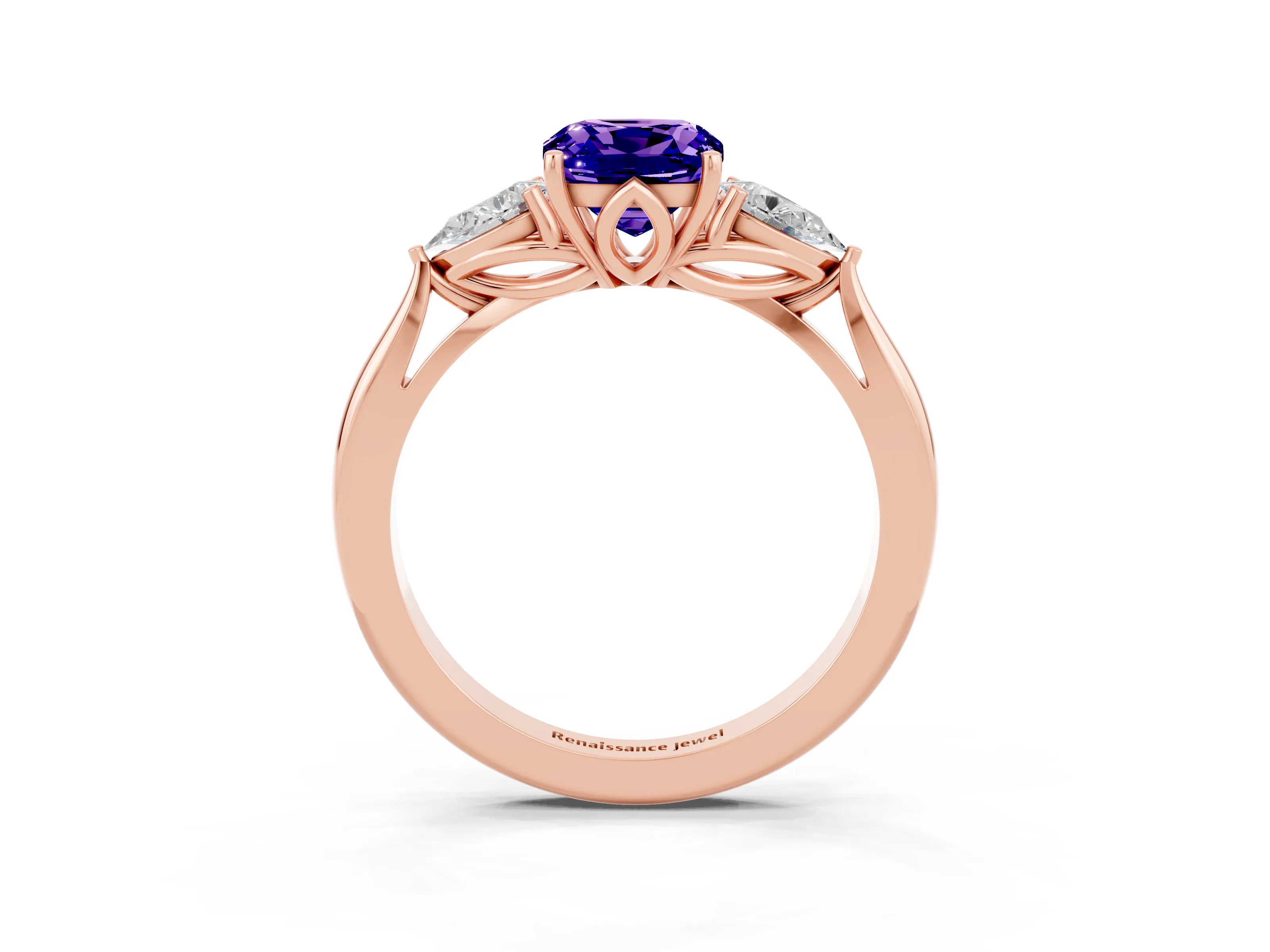 Rose gold Three-Stone Cushion Cut Cut Diamond Ring with Pear Side Stones in Four-Prong Setting_3