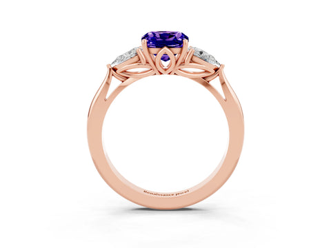 Rose gold Three-Stone Cushion Cut Cut Diamond Ring with Pear Side Stones in Four-Prong Setting_3
