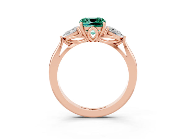 Rose gold Three-Stone Cushion Cut Green Sapphire Ring with Pear  Side Stones in Four-Prong Setting