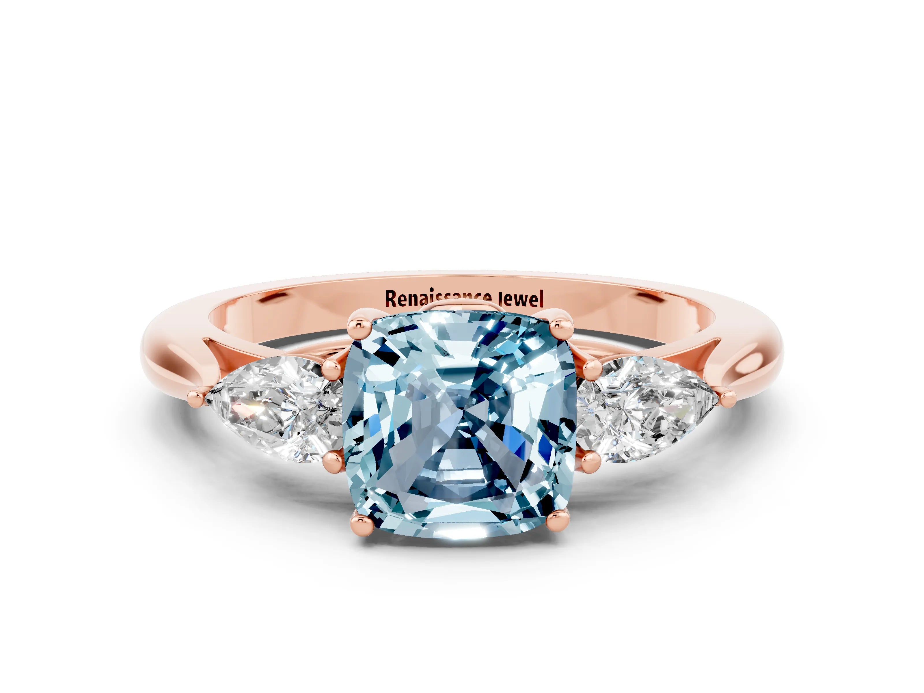 Rose gold Three-Stone Cushion Cut Cut Diamond Ring with Pear Side Stones in Four-Prong Setting