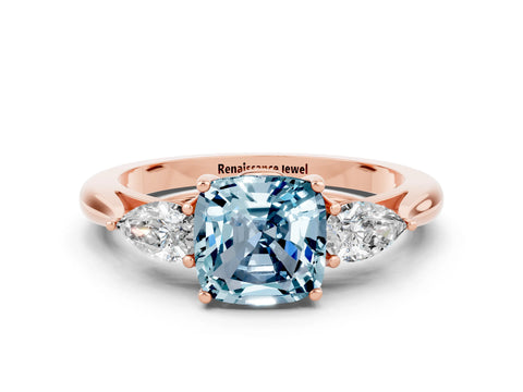 Rose gold Three-Stone Cushion Cut Cut Diamond Ring with Pear Side Stones in Four-Prong Setting