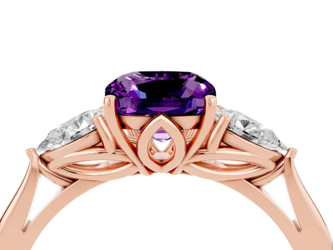 Rose gold Three-Stone Cushion Cut Cut Diamond Ring with Pear Side Stones in Four-Prong Setting_4