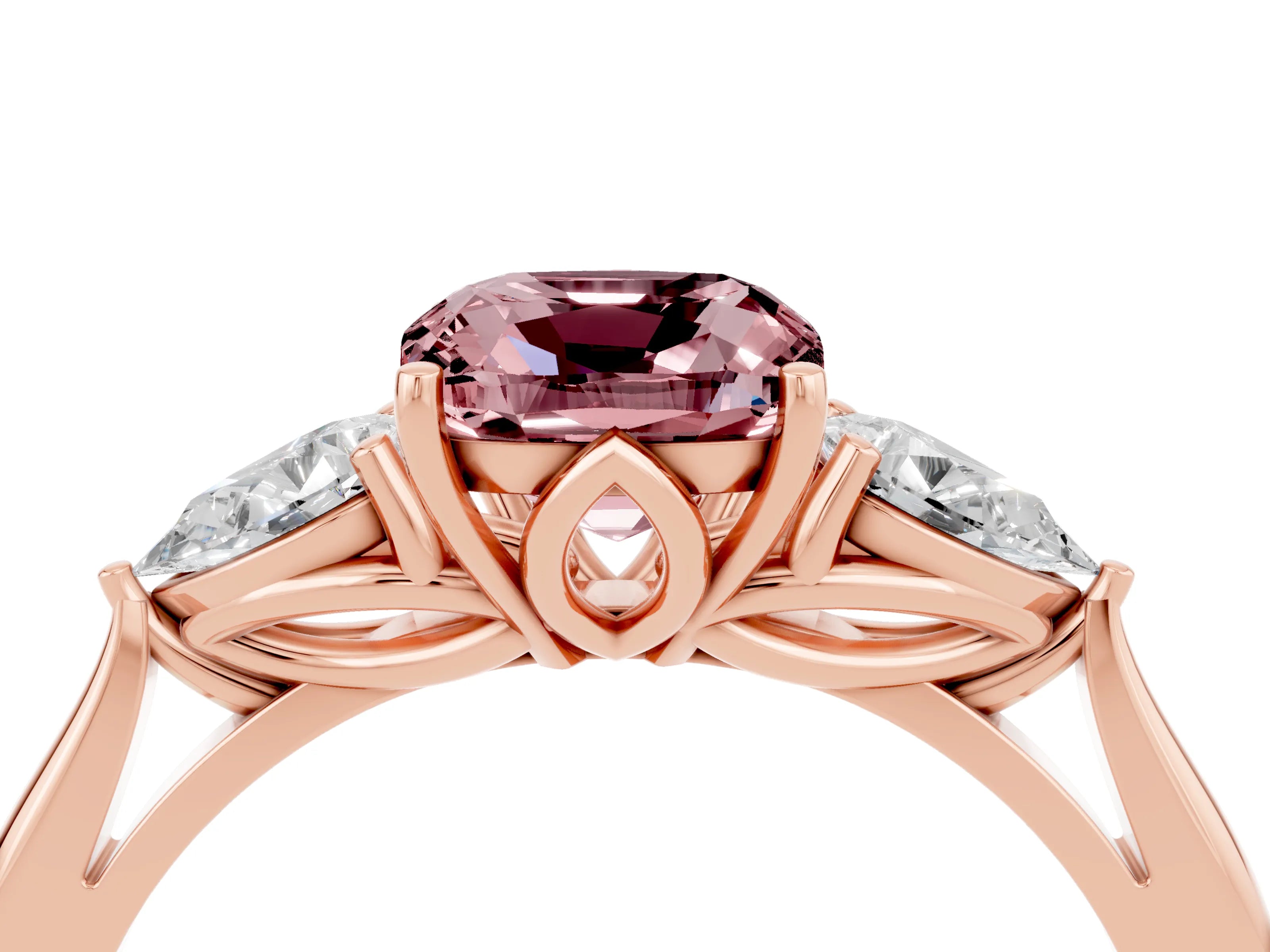 Rose gold Three-Stone Cushion Cut Cut Diamond Ring with Pear Side Stones in Four-Prong Setting_4