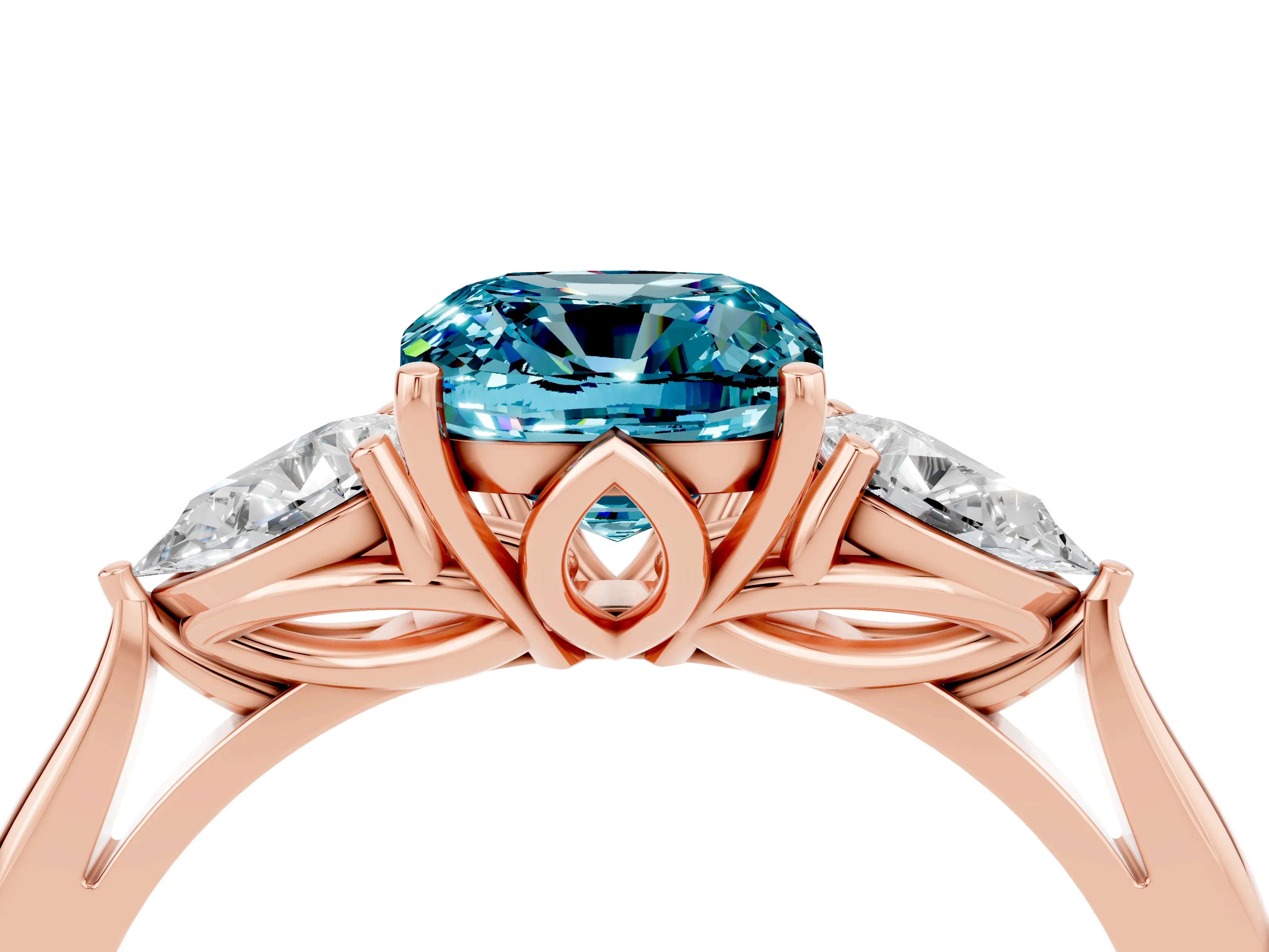 Rose gold Three-Stone Cushion Cut Cut Diamond Ring with Pear Side Stones in Four-Prong Setting_4