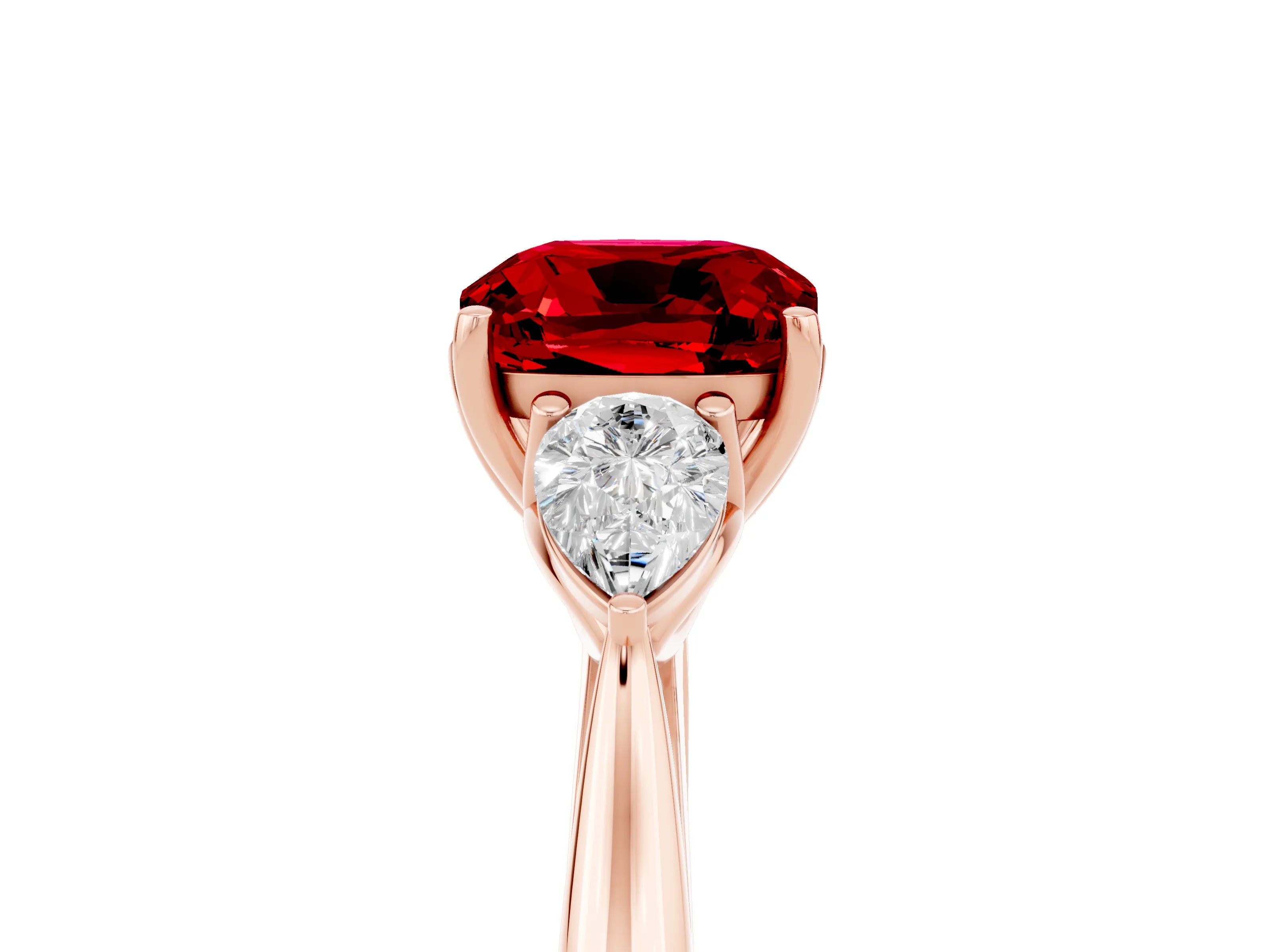 Rose gold Three-Stone Cushion Cut Cut Diamond Ring with Pear Side Stones in Four-Prong Setting_5
