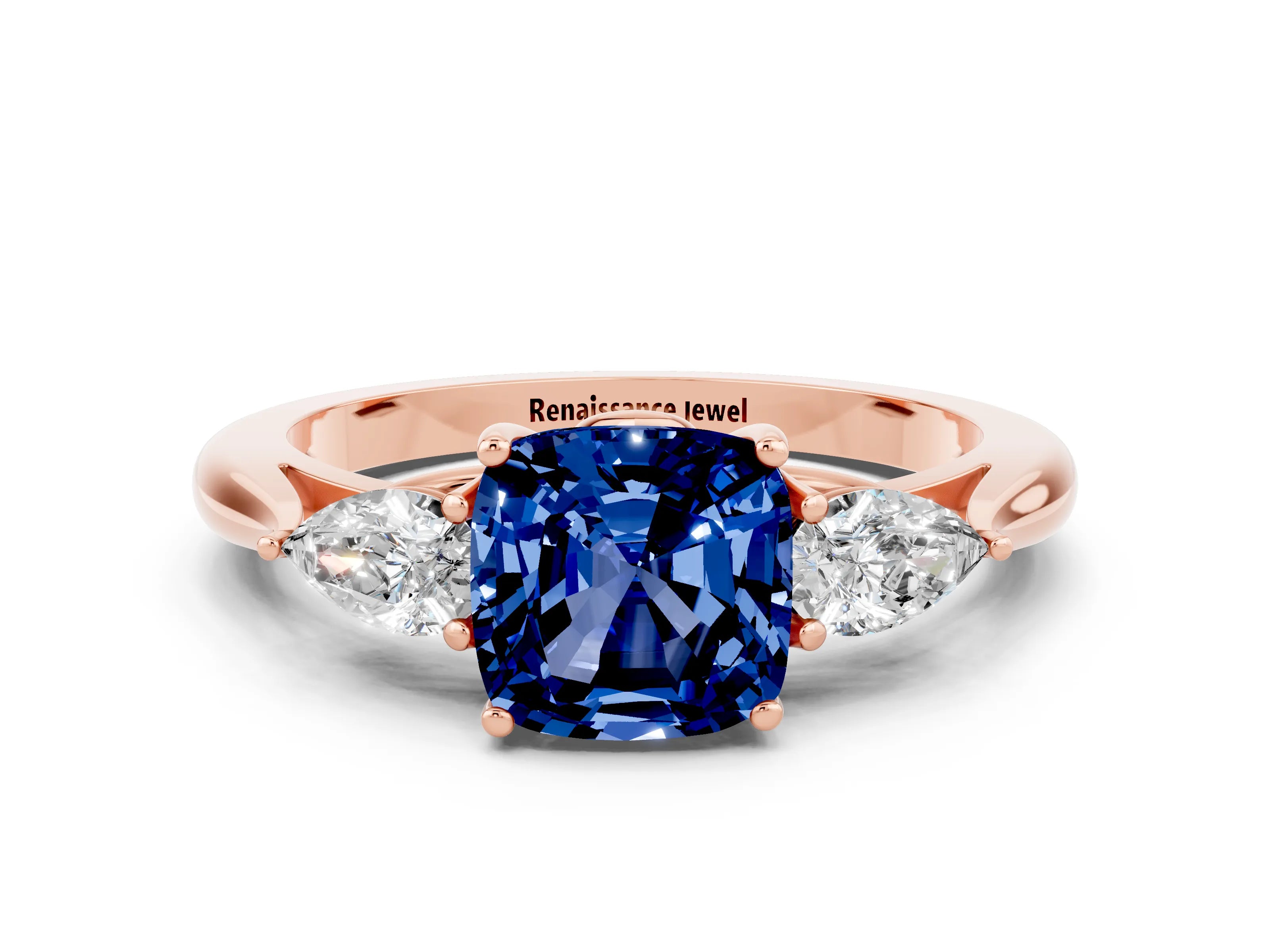 Rose gold Three-Stone Cushion Cut Cut Diamond Ring with Pear Side Stones in Four-Prong Setting