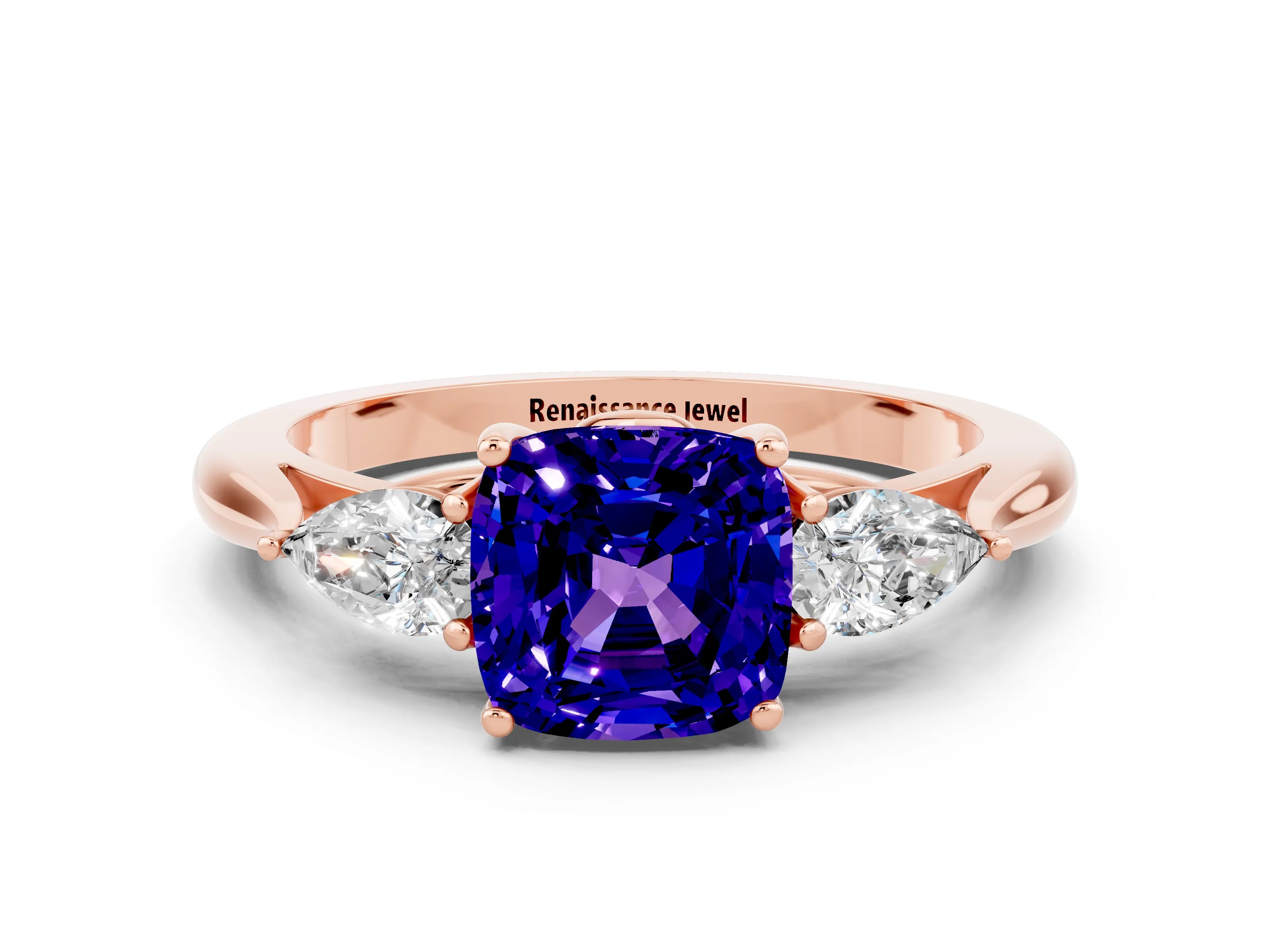 Rose gold Three-Stone Cushion Cut Cut Diamond Ring with Pear Side Stones in Four-Prong Setting
