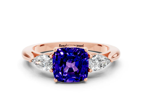 Rose gold Three-Stone Cushion Cut Cut Diamond Ring with Pear Side Stones in Four-Prong Setting