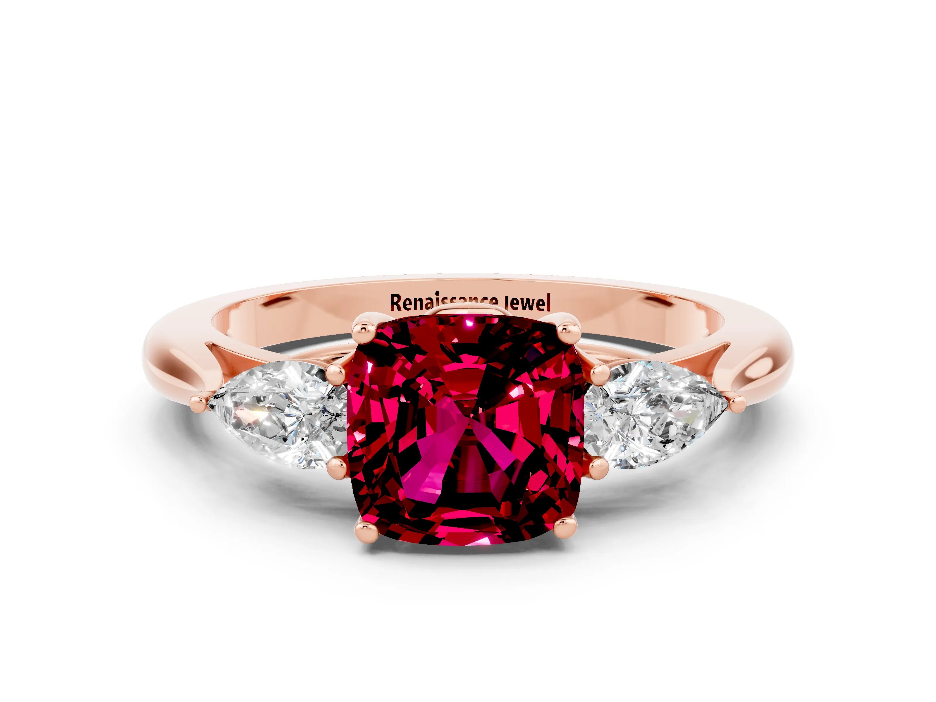 Rose gold Three-Stone Cushion Cut Cut Diamond Ring with Pear Side Stones in Four-Prong Setting