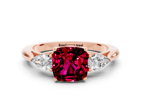 Rose gold Three-Stone Cushion Cut Cut Diamond Ring with Pear Side Stones in Four-Prong Setting