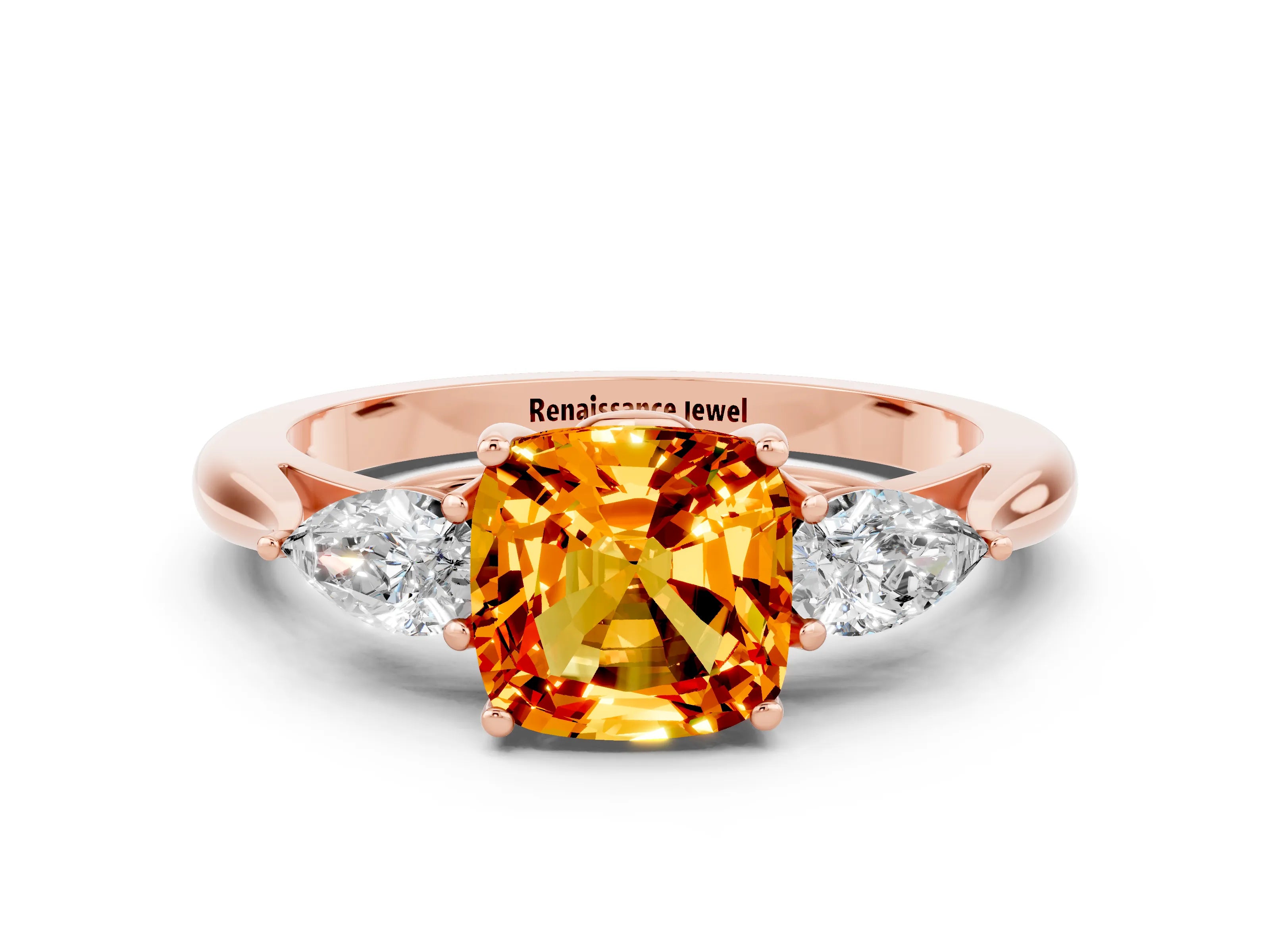 Rose gold Three-Stone Cushion Cut Cut Diamond Ring with Pear Side Stones in Four-Prong Setting