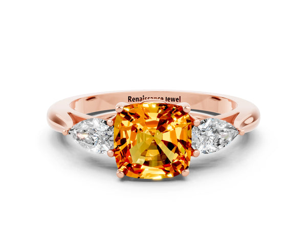 Rose gold Three-Stone Cushion Cut Citrine Ring with Pear  Side Stones in Four-Prong Setting
