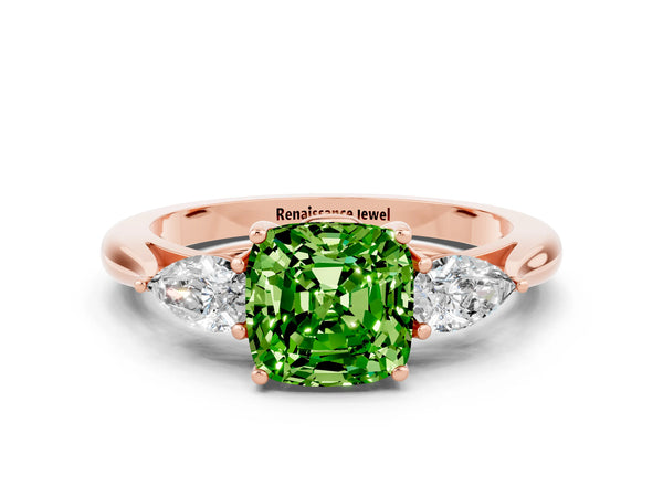 Rose gold Three-Stone Cushion Cut Cut Diamond Ring with Pear Side Stones in Four-Prong Setting