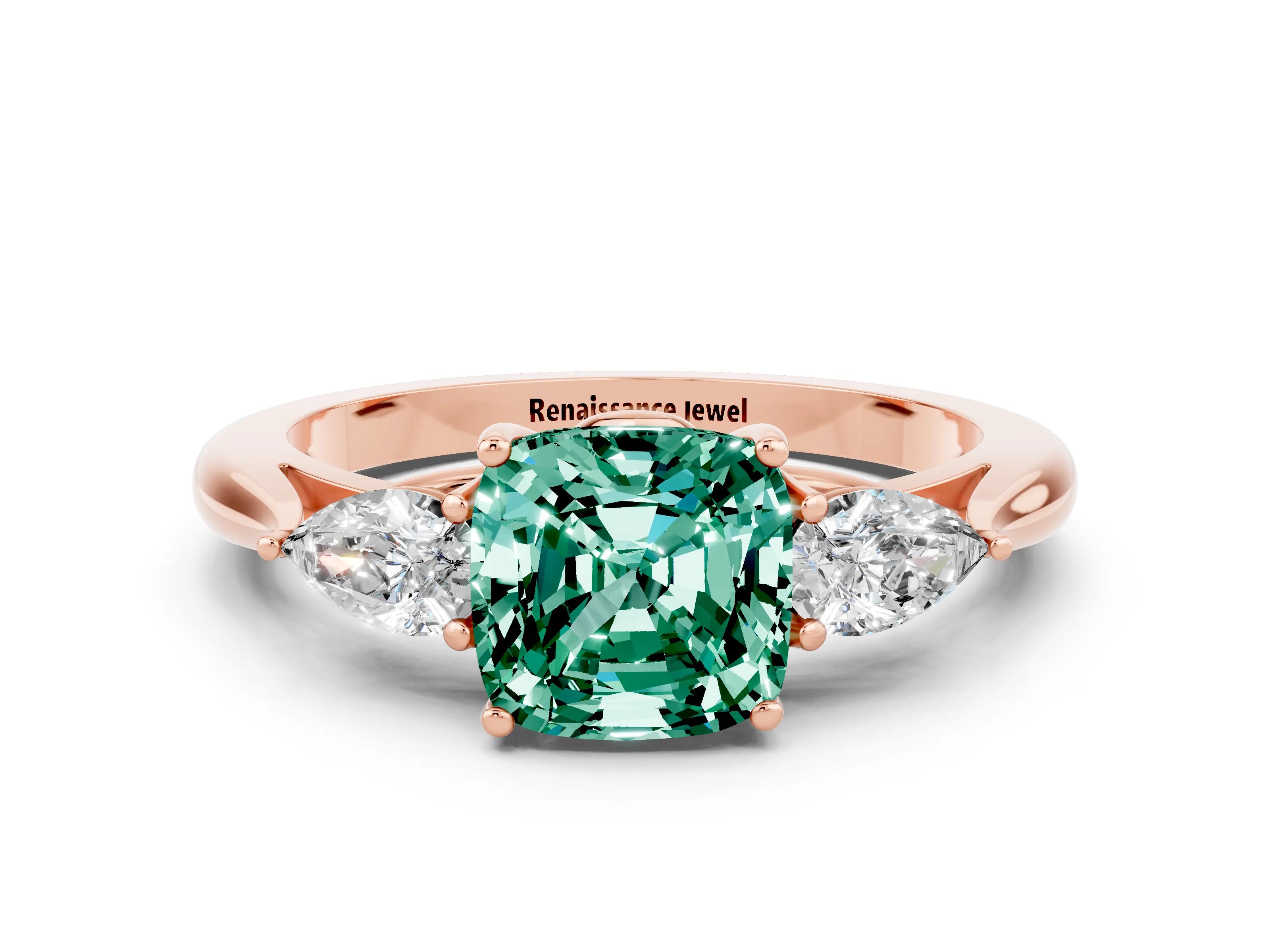 Rose gold Three-Stone Cushion Cut Cut Diamond Ring with Pear Side Stones in Four-Prong Setting