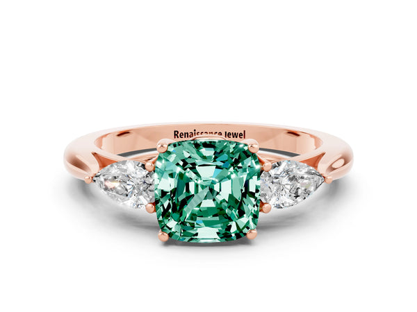 Rose gold Three-Stone Cushion Cut Green Sapphire Ring with Pear  Side Stones in Four-Prong Setting