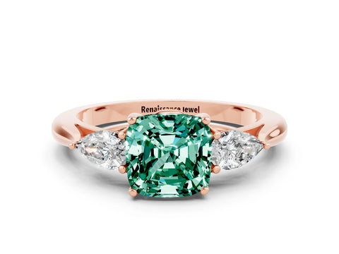 Rose gold Three-Stone Cushion Cut Cut Diamond Ring with Pear Side Stones in Four-Prong Setting