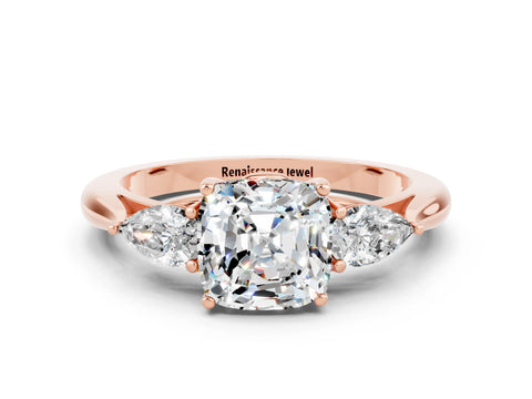 Rose gold Three-Stone Cushion Cut Cut Diamond Ring with Pear Side Stones in Four-Prong Setting