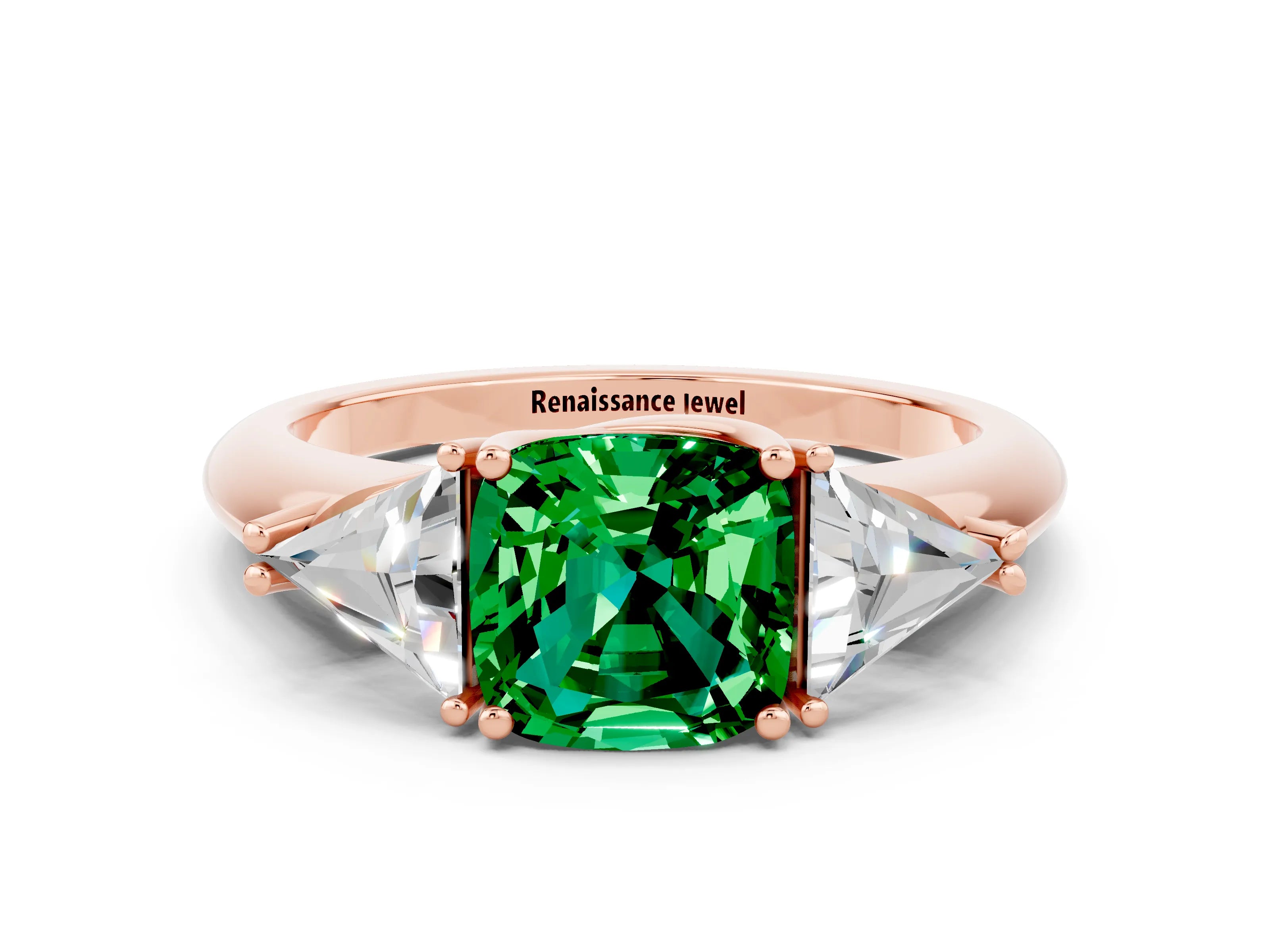 Rose gold Three-Stone Cushion Cut Cut Diamond Ring with Trillion Side Stones and Four-Prong Setting