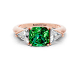 Rose gold Three-Stone Cushion Cut Cut Diamond Ring with Trillion Side Stones and Four-Prong Setting