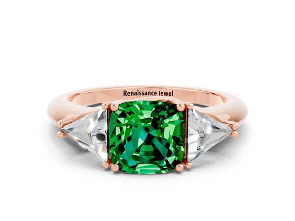 Rose gold Three-Stone Cushion Cut Emerald Engagement Ring with Trillion Side Stones and Prong Setting