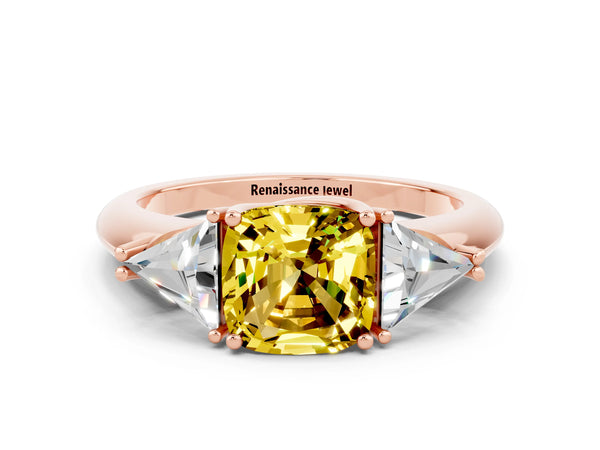 Rose gold Three-Stone Cushion Cut Yellow Sapphire Engagement Ring with Trillion Side Stones and Prong Setting
