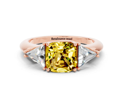 Rose gold Three-Stone Cushion Cut Cut Diamond Ring with Trillion Side Stones and Four-Prong Setting