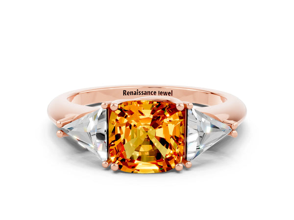 Rose gold Three-Stone Cushion Cut Citrine Engagement Ring with Trillion Side Stones and Prong Setting