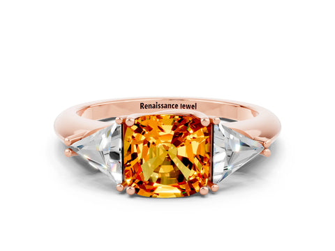 Rose gold Three-Stone Cushion Cut Cut Diamond Ring with Trillion Side Stones and Four-Prong Setting
