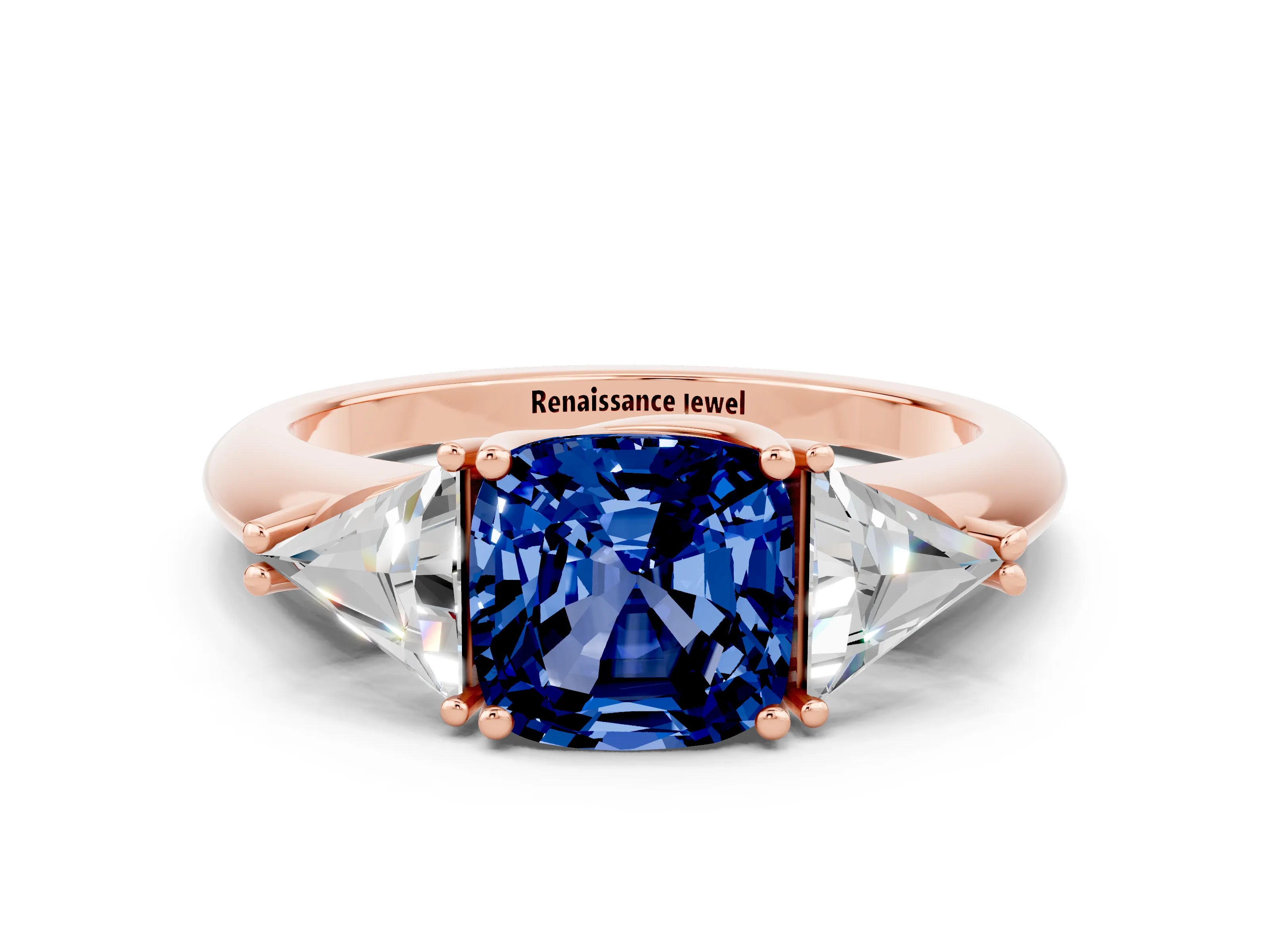 Rose gold Three-Stone Cushion Cut Cut Diamond Ring with Trillion Side Stones and Four-Prong Setting