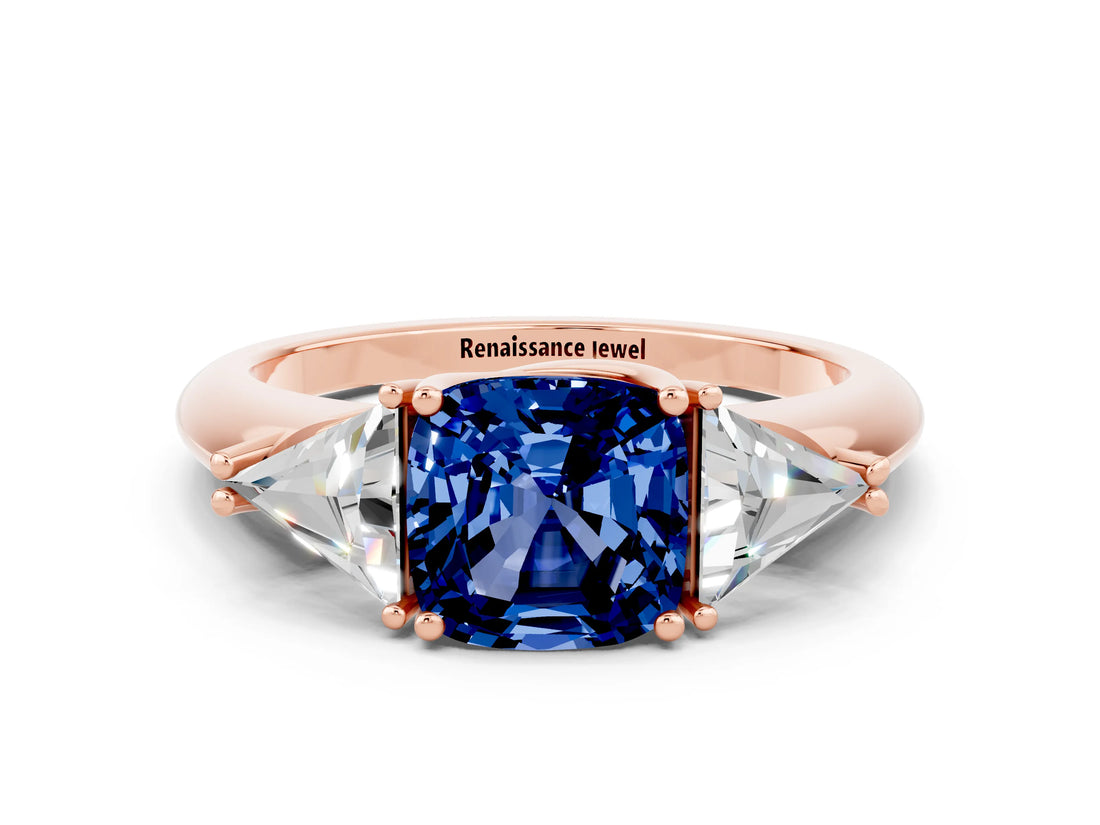 Rose gold Three-Stone Cushion Cut Cut Diamond Ring with Trillion Side Stones and Four-Prong Setting