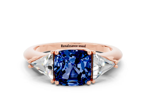 Rose gold Three-Stone Cushion Cut Cut Diamond Ring with Trillion Side Stones and Four-Prong Setting