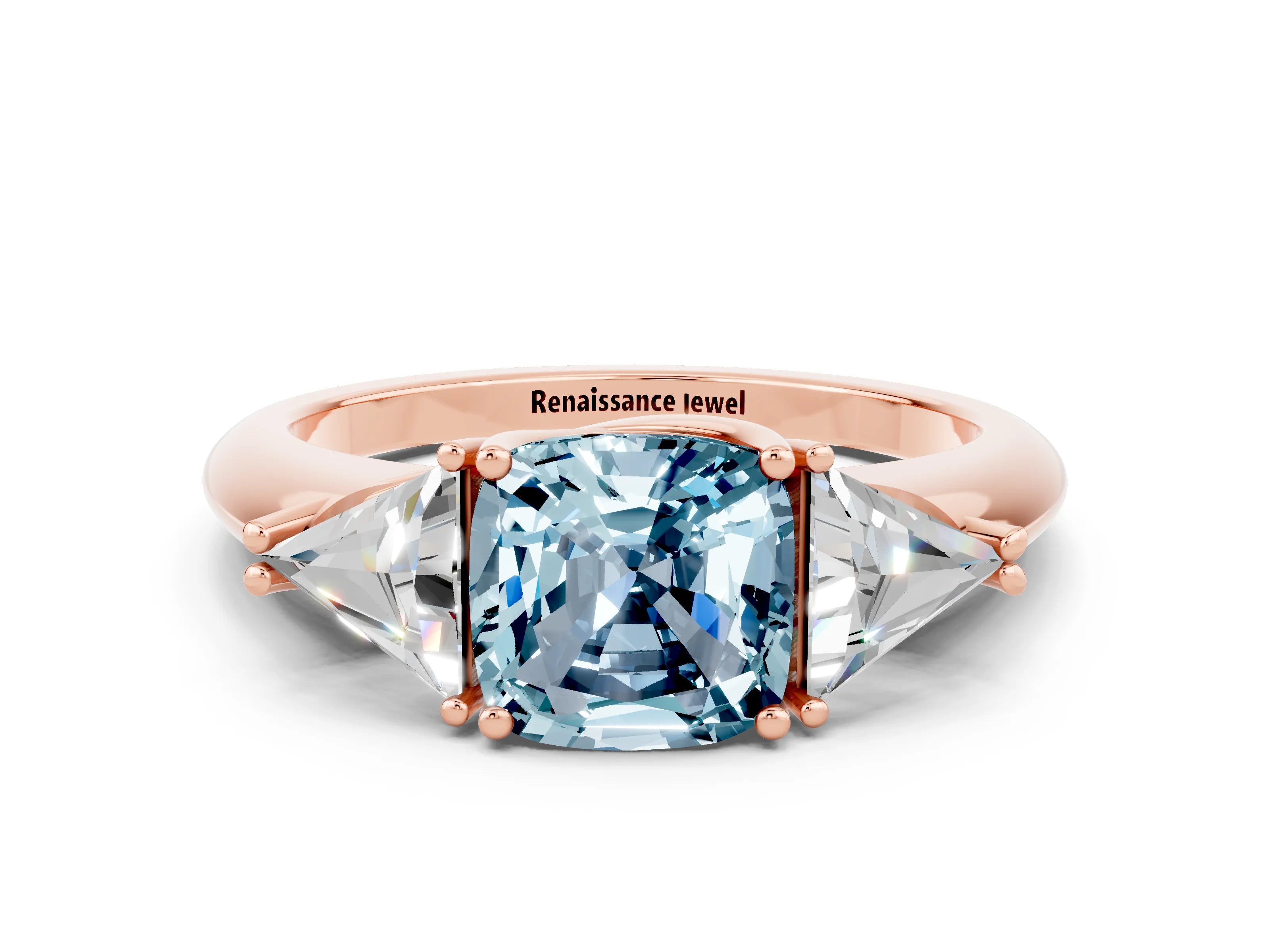 Rose gold Three-Stone Cushion Cut Cut Diamond Ring with Trillion Side Stones and Four-Prong Setting