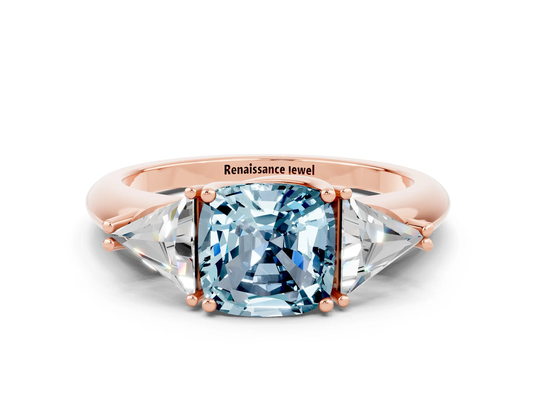 Rose gold Three-Stone Cushion Cut Cut Diamond Ring with Trillion Side Stones and Four-Prong Setting
