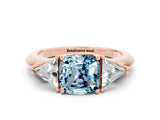 Rose gold Three-Stone Cushion Cut Cut Diamond Ring with Trillion Side Stones and Four-Prong Setting