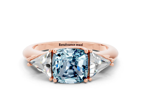 Rose gold Three-Stone Cushion Cut Cut Diamond Ring with Trillion Side Stones and Four-Prong Setting