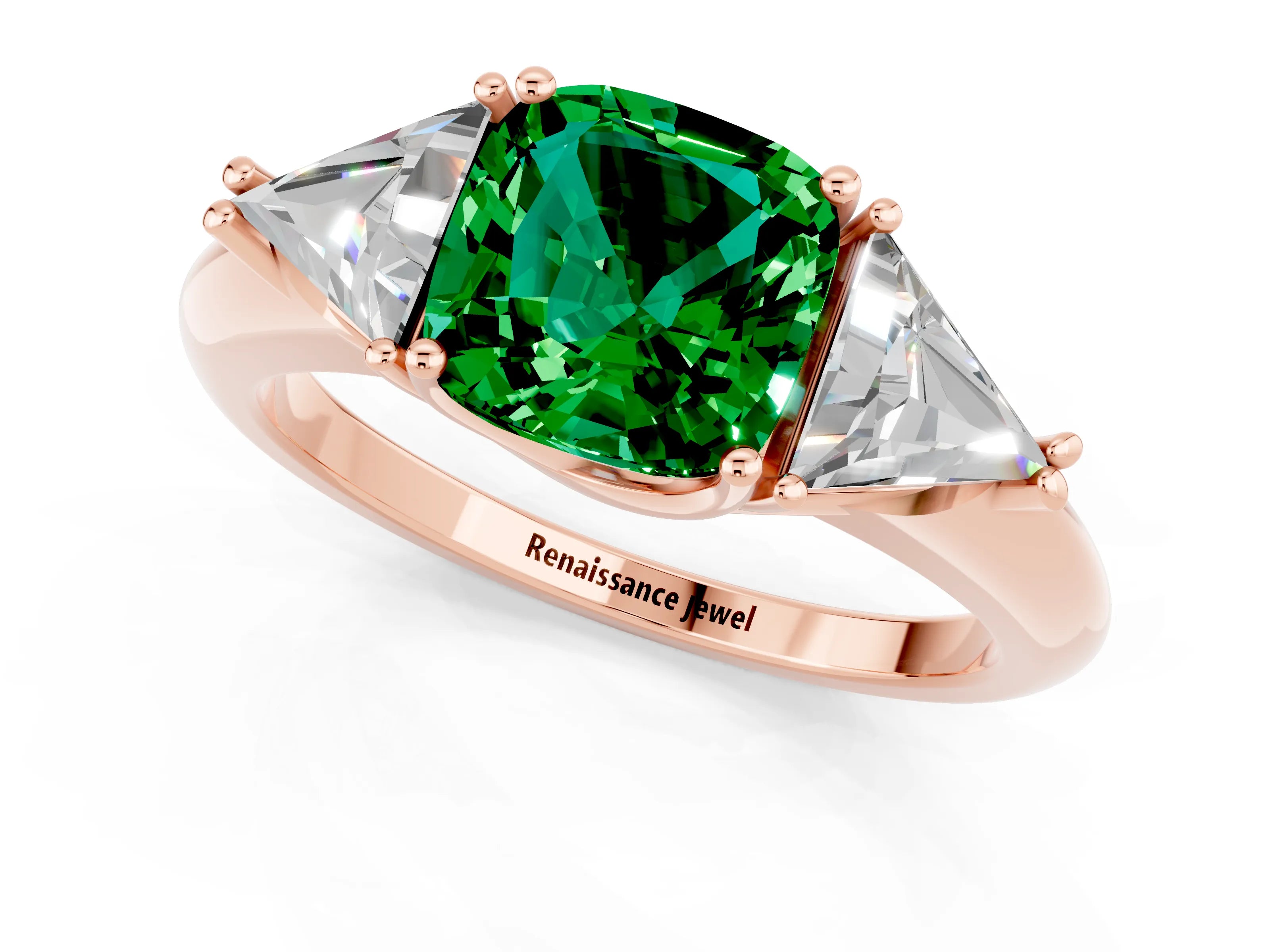 Rose gold Three-Stone Cushion Cut Cut Diamond Ring with Trillion Side Stones and Four-Prong Setting_1