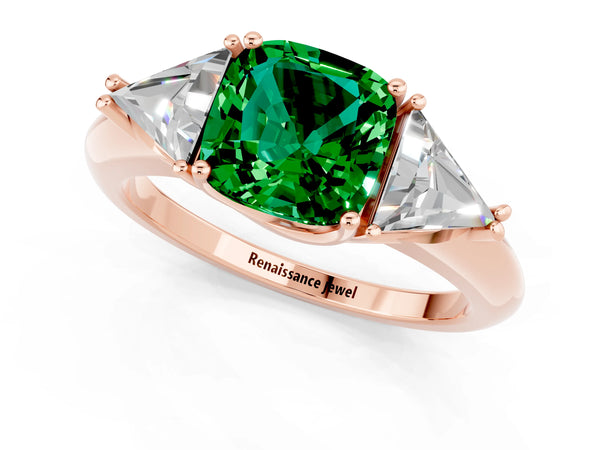 Rose gold Three-Stone Cushion Cut Emerald Engagement Ring with Trillion Side Stones and Prong Setting