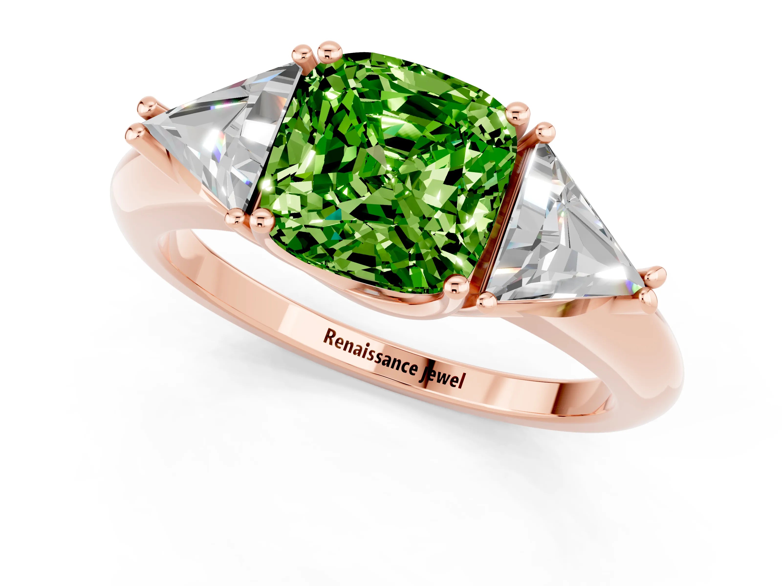 Rose gold Three-Stone Cushion Cut Cut Diamond Ring with Trillion Side Stones and Four-Prong Setting_1
