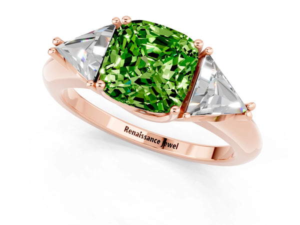 Rose gold Three-Stone Cushion Cut Cut Diamond Ring with Trillion Side Stones and Four-Prong Setting