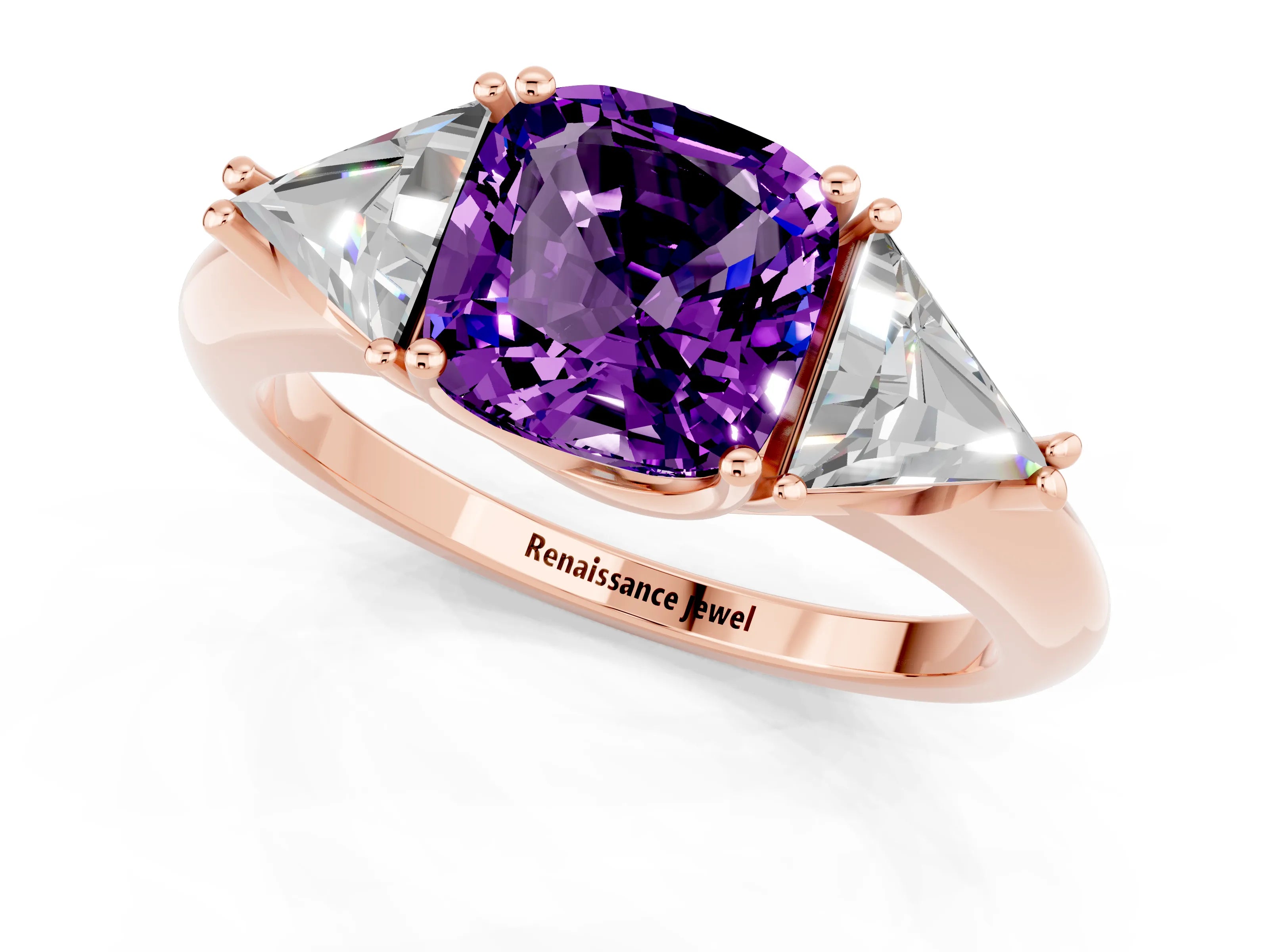 Rose gold Three-Stone Cushion Cut Cut Diamond Ring with Trillion Side Stones and Four-Prong Setting_1