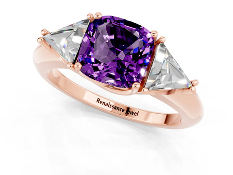 Rose gold Three-Stone Cushion Cut Cut Diamond Ring with Trillion Side Stones and Four-Prong Setting_1