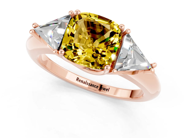 Rose gold Three-Stone Cushion Cut Yellow Sapphire Engagement Ring with Trillion Side Stones and Prong Setting