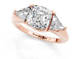 Rose gold Three-Stone Cushion Cut Cut Diamond Ring with Trillion Side Stones and Four-Prong Setting_1