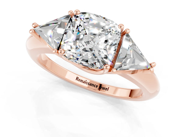 Rose gold Three-Stone Cushion Cut Moissanite Engagement Ring with Trillion Side Stones and Prong Setting