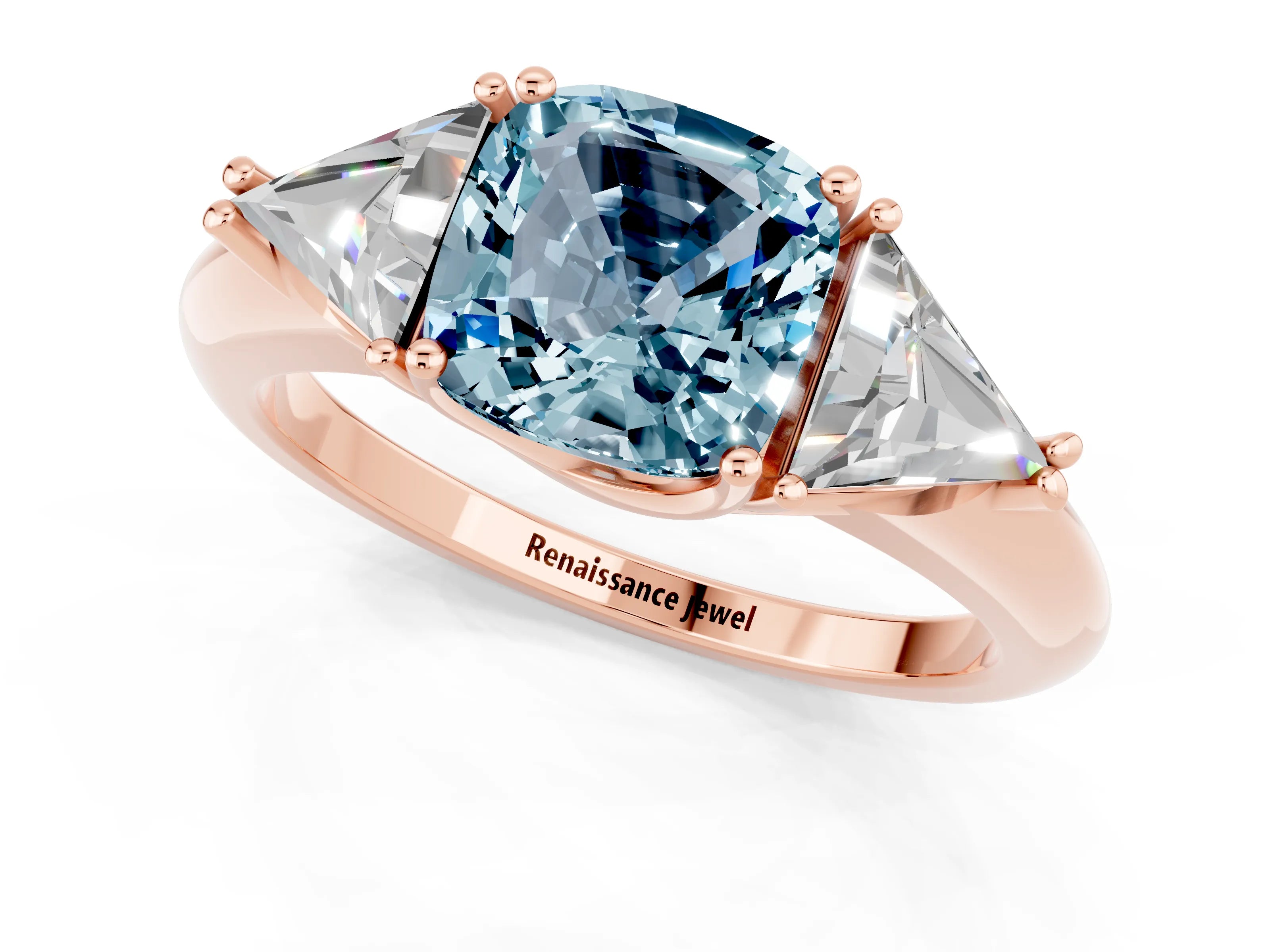 Rose gold Three-Stone Cushion Cut Cut Diamond Ring with Trillion Side Stones and Four-Prong Setting_1