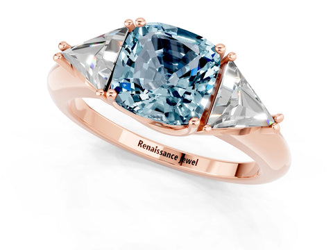 Rose gold Three-Stone Cushion Cut Cut Diamond Ring with Trillion Side Stones and Four-Prong Setting_1