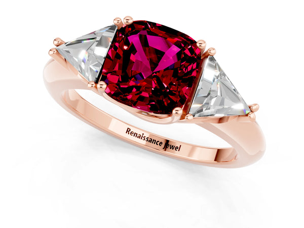 Rose gold Three-Stone Cushion Cut Garnet Engagement Ring with Trillion Side Stones and Prong Setting