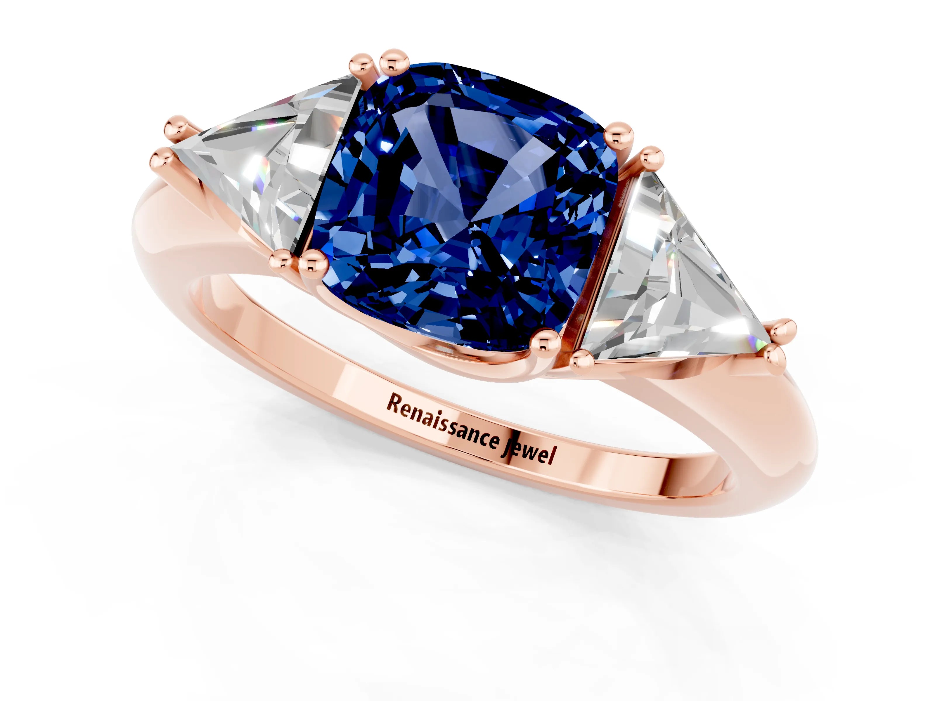 Rose gold Three-Stone Cushion Cut Cut Diamond Ring with Trillion Side Stones and Four-Prong Setting_1