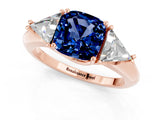 Rose gold Three-Stone Cushion Cut Cut Diamond Ring with Trillion Side Stones and Four-Prong Setting_1